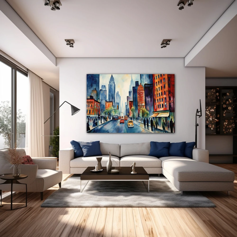 Wall Art titled: Awakening in the Big Apple in a Horizontal format with: Blue, Grey, Orange, and Navy Blue Colors; Decoration the Above Couch wall