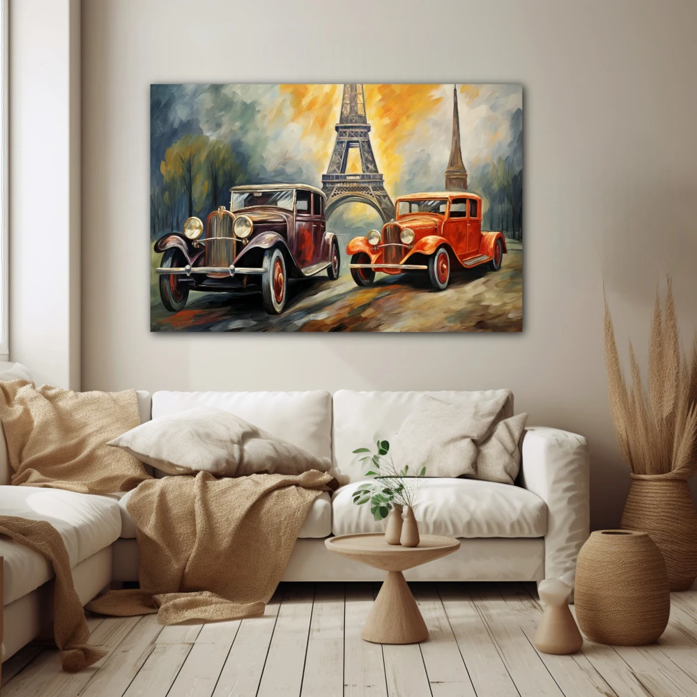 Cuadro elegancia en movimiento en formato horizontal con colores gris, naranja; decorando pared beige