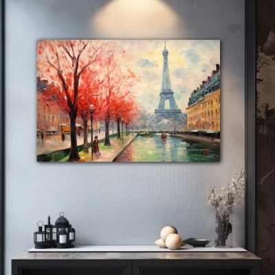 Cuadro susurros otoñales en parís en formato horizontal con colores gris, rojo, verde; decorando pared gris