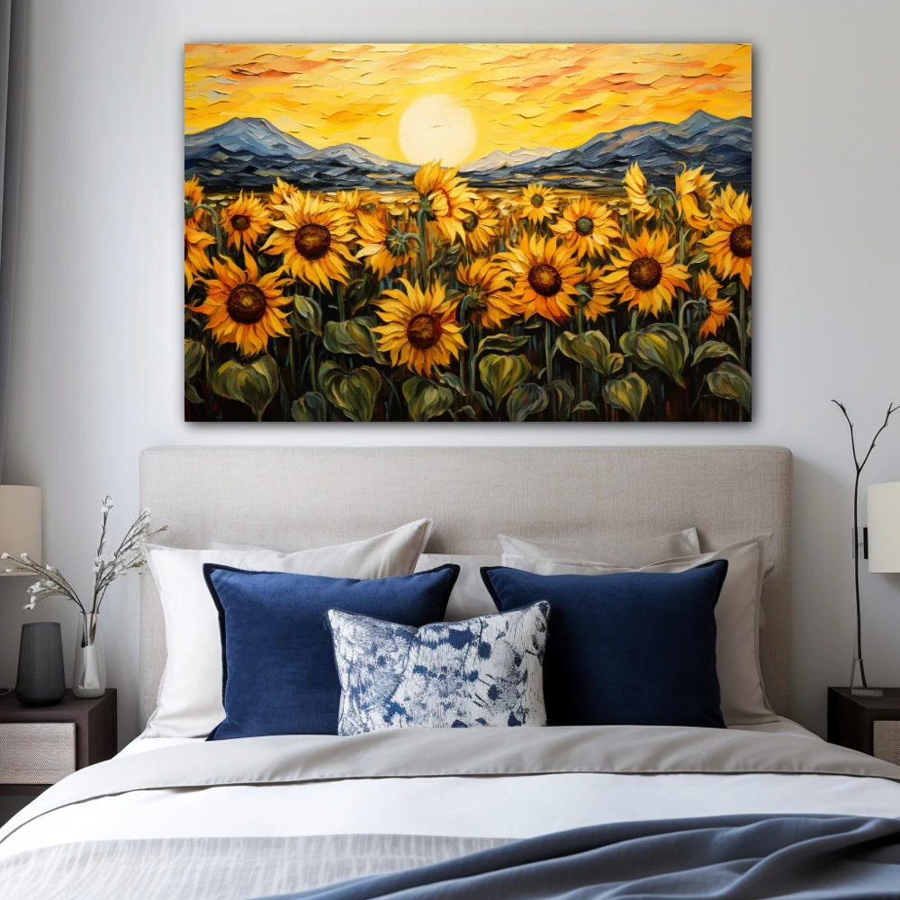 Cuadro sinfonía de girasoles serenos en formato horizontal con colores azul, verde, vivos; decorando pared de habitación dormitorio