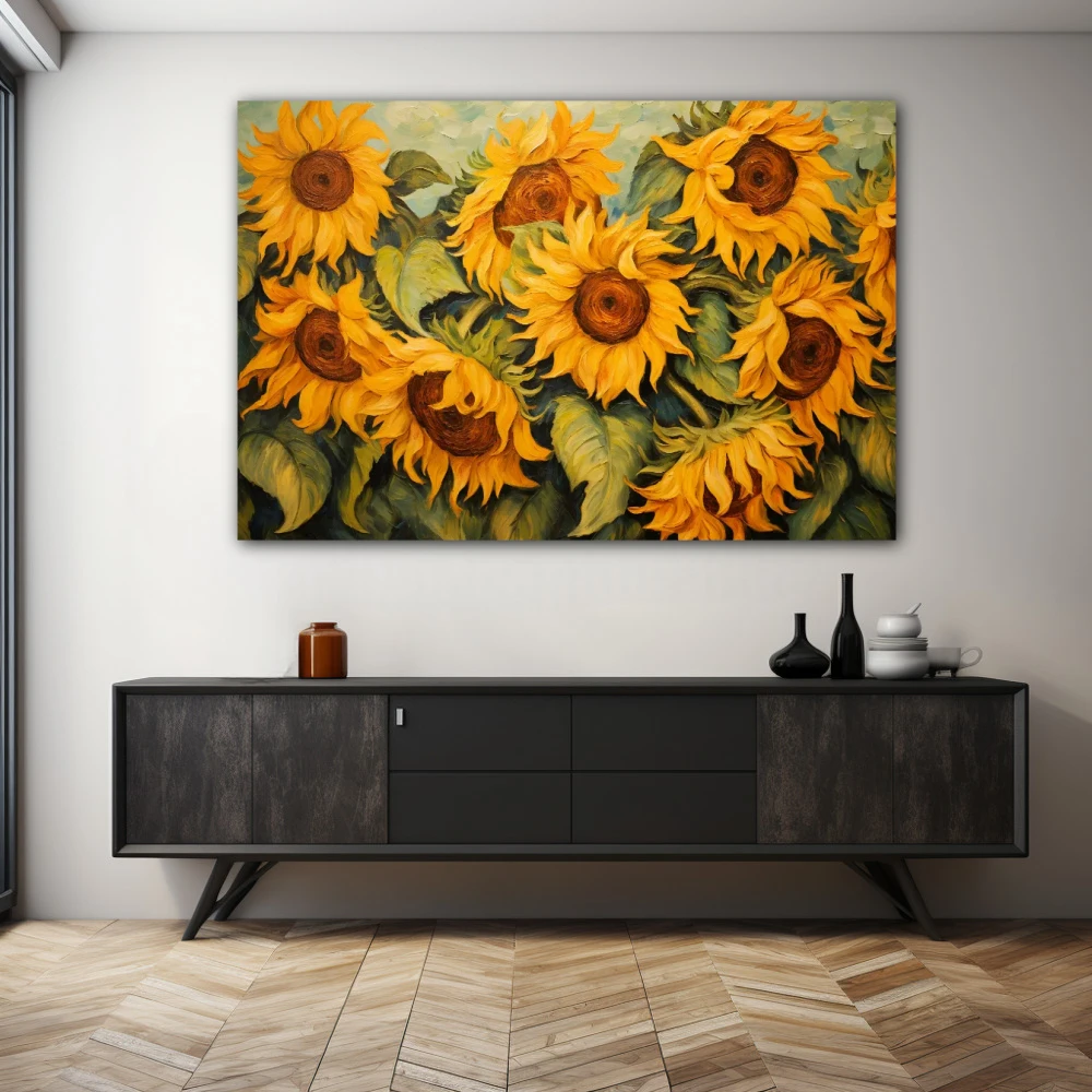 Wall Art titled: Dancers of the Light in a Horizontal format with: Mustard, Green, and Vivid Colors; Decoration the Sideboard wall