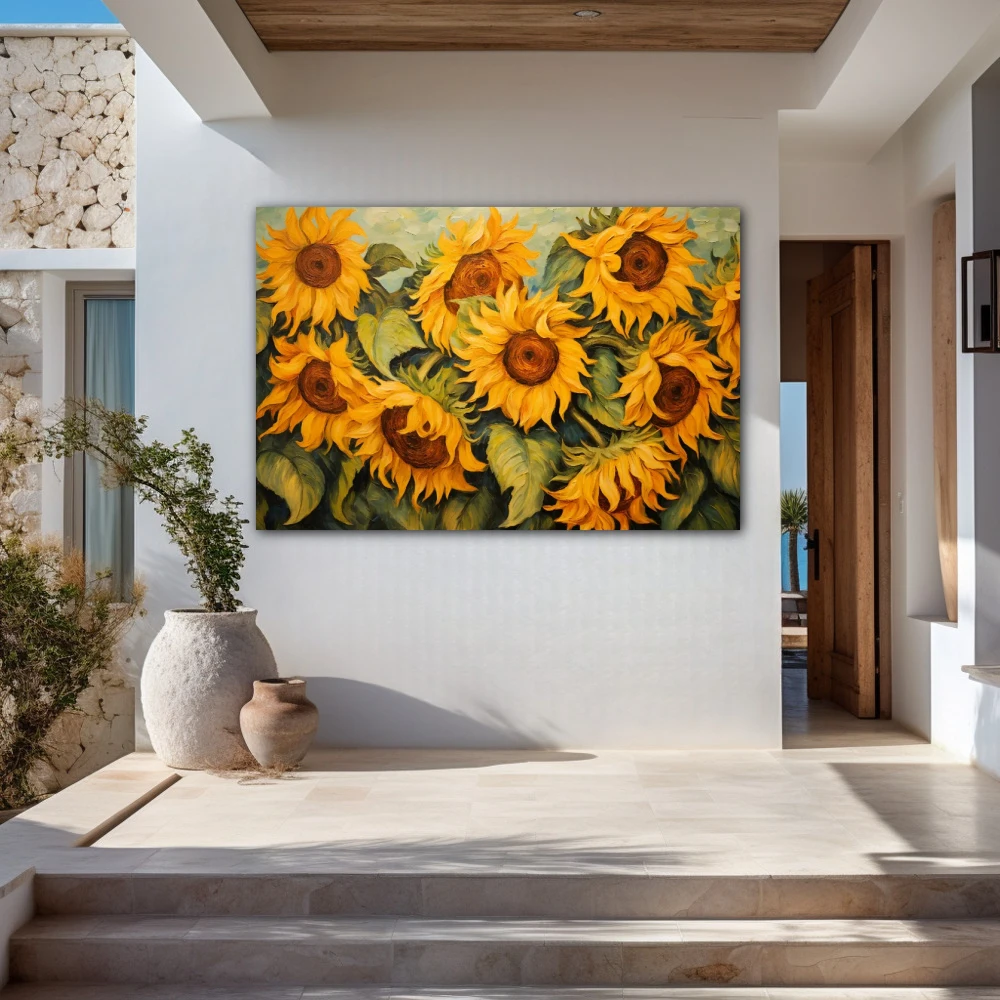 Wall Art titled: Dancers of the Light in a Horizontal format with: Mustard, Green, and Vivid Colors; Decoration the Entryway wall