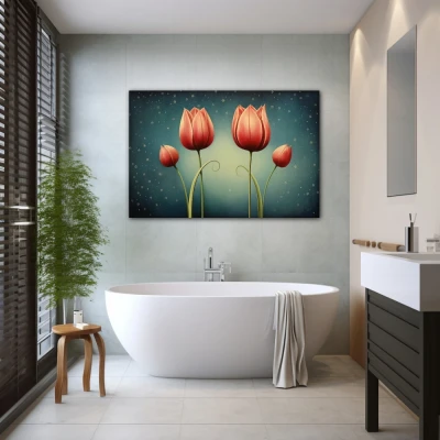 Wall Art titled: Crimson Reflections in a Horizontal format with: Red, and Green Colors; Decoration the Bathroom wall