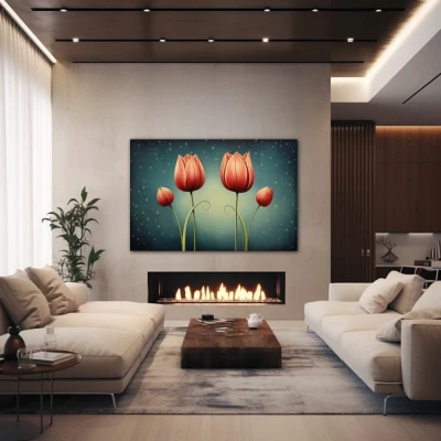 Wall Art titled: Crimson Reflections in a  format with: Red, and Green Colors; Decoration the Fireplace wall