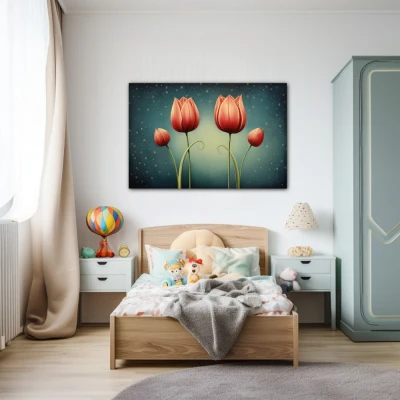 Wall Art titled: Crimson Reflections in a Horizontal format with: Red, and Green Colors; Decoration the Nursery wall