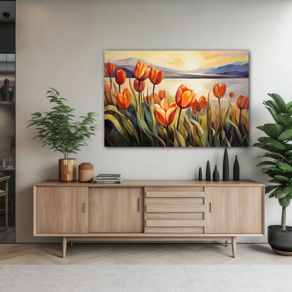 Wall Art titled: Caress of Light and Color in a Horizontal format with: Yellow, Orange, and Green Colors; Decoration the Sideboard wall