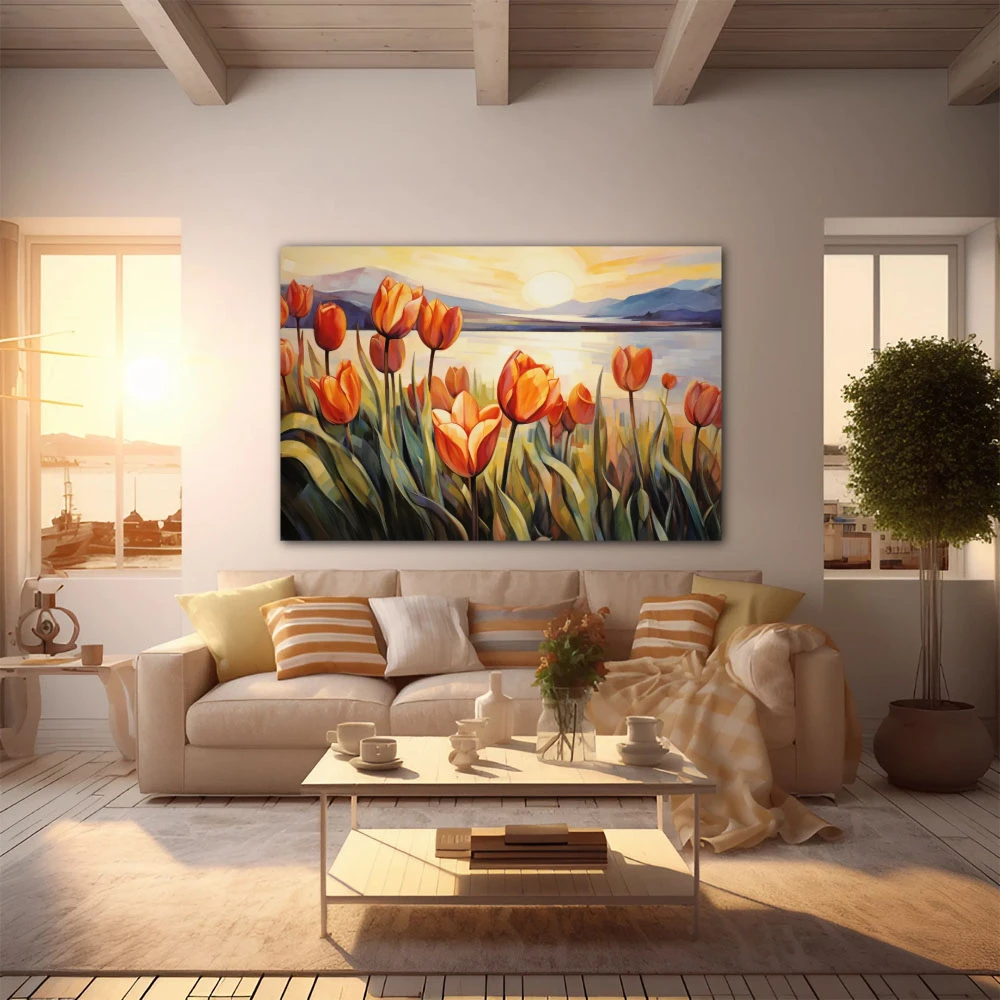 Wall Art titled: Caress of Light and Color in a Horizontal format with: Yellow, Orange, and Green Colors; Decoration the Apartamento en la playa wall