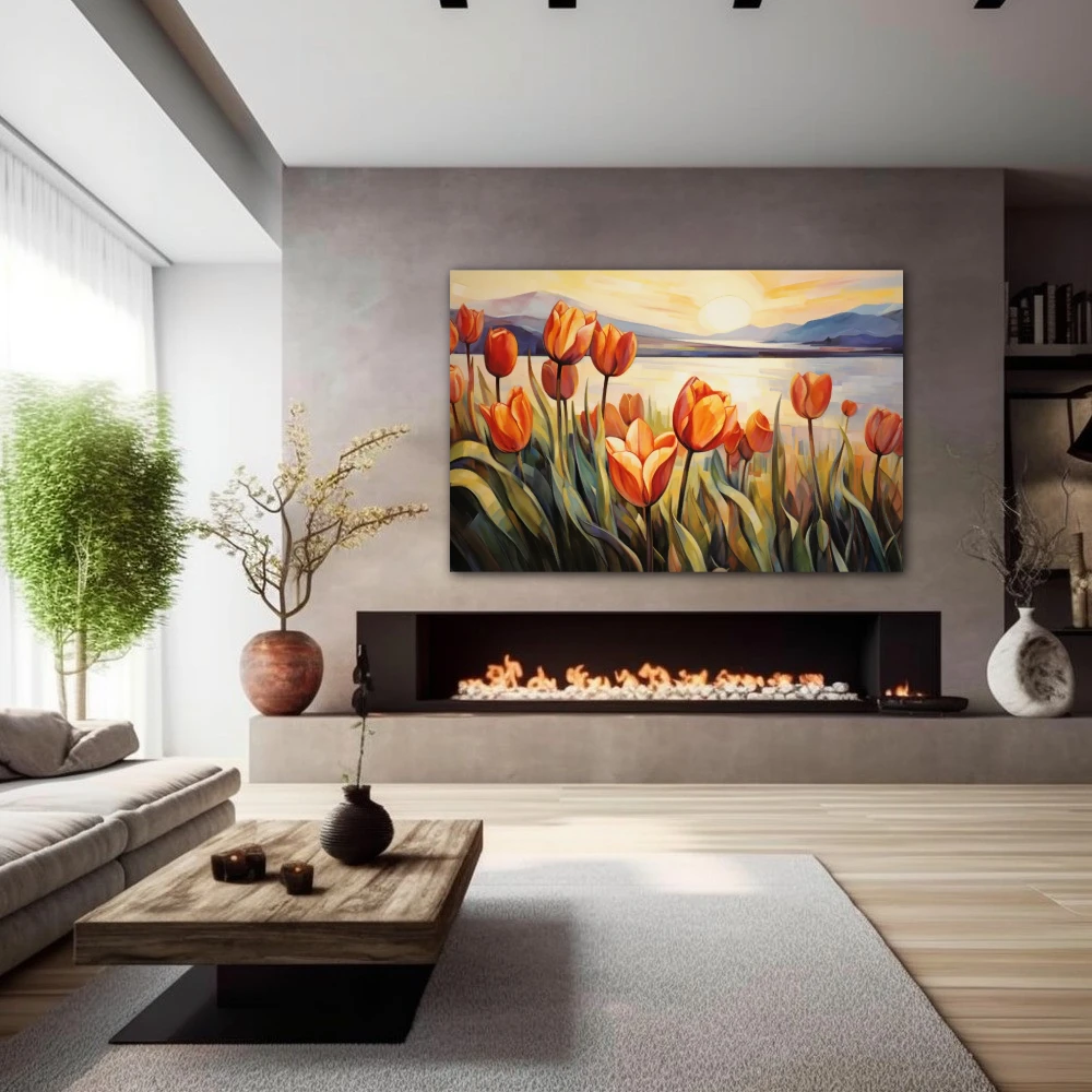 Wall Art titled: Caress of Light and Color in a Horizontal format with: Yellow, Orange, and Green Colors; Decoration the Fireplace wall