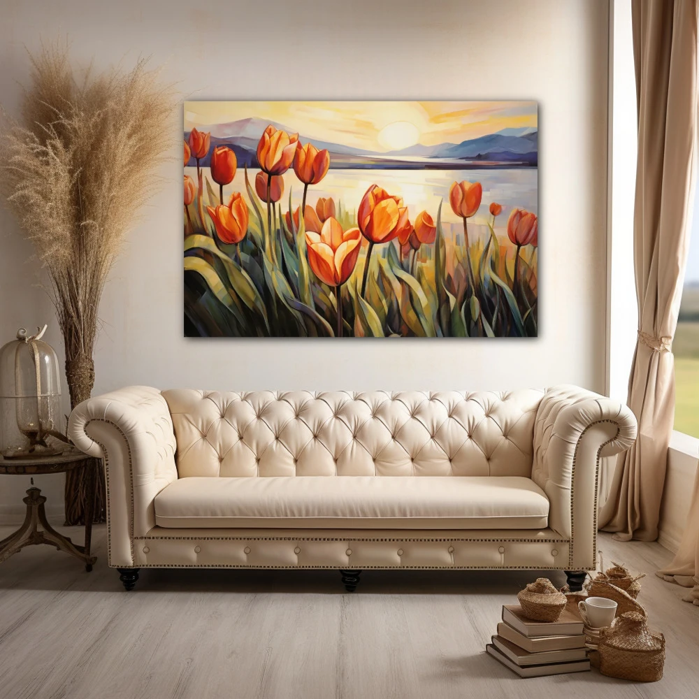 Wall Art titled: Caress of Light and Color in a Horizontal format with: Yellow, Orange, and Green Colors; Decoration the Above Couch wall