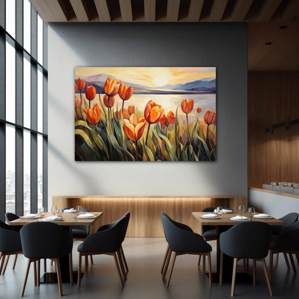 Wall Art titled: Caress of Light and Color in a Horizontal format with: Yellow, Orange, and Green Colors; Decoration the Restaurant wall