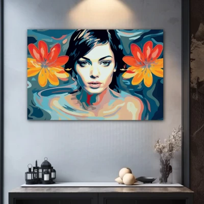 Cuadro ojos de loto en formato horizontal con colores azul, mostaza, naranja; decorando pared gris