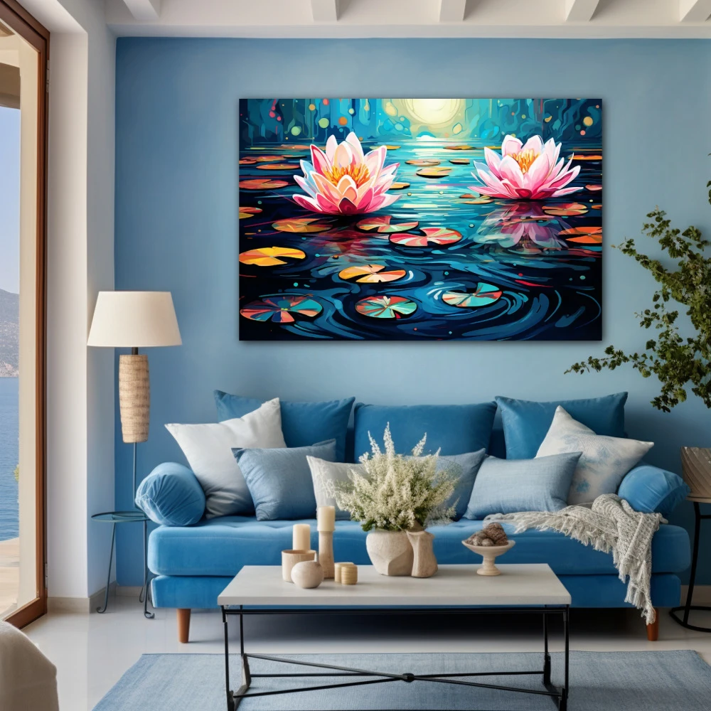 Wall Art titled: Water Nymphs in a Horizontal format with: Blue, Pink, Violet, and Vivid Colors; Decoration the Blue Wall wall