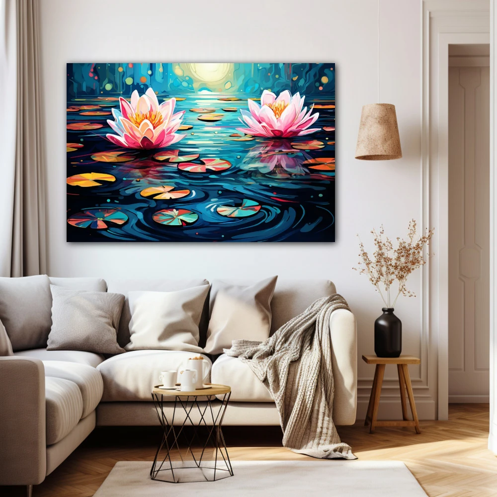 Wall Art titled: Water Nymphs in a Horizontal format with: Blue, Pink, Violet, and Vivid Colors; Decoration the Beige Wall wall