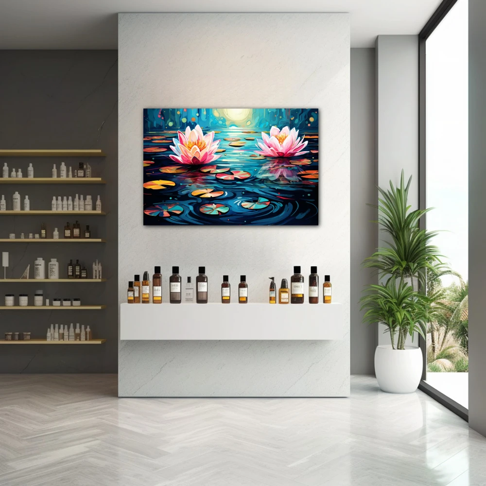 Wall Art titled: Water Nymphs in a Horizontal format with: Blue, Pink, Violet, and Vivid Colors; Decoration the Pharmacy wall