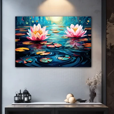 Cuadro ninfas acuáticas en formato horizontal con colores azul, rosa, violeta, vivos; decorando pared gris