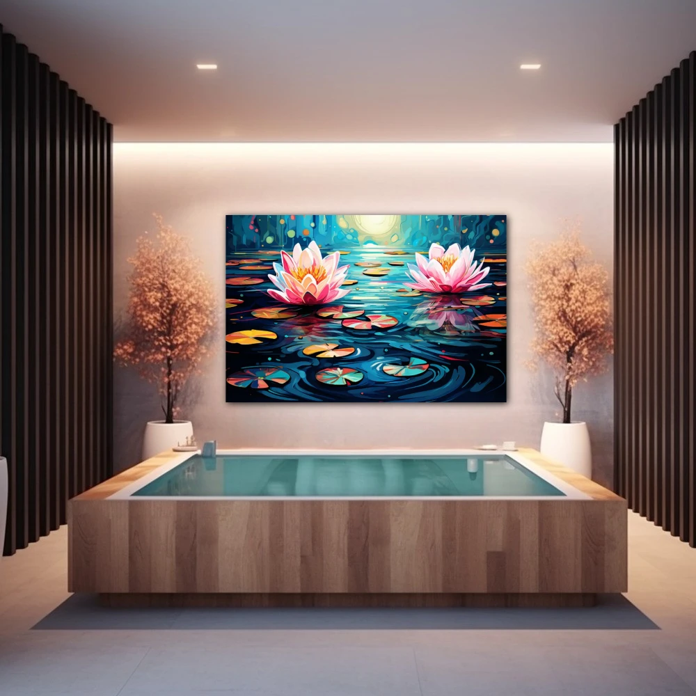 Wall Art titled: Water Nymphs in a Horizontal format with: Blue, Pink, Violet, and Vivid Colors; Decoration the Wellbeing wall