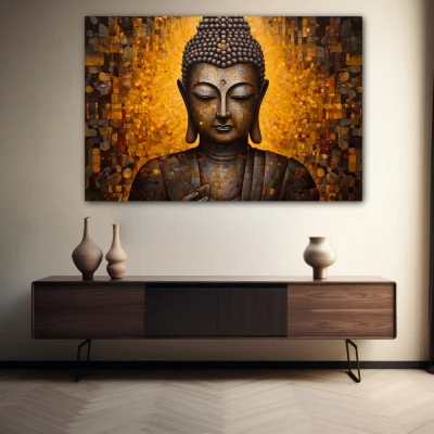 Wall Art titled: Inner Transcendence in a Horizontal format with: and Golden Colors; Decoration the Sideboard wall