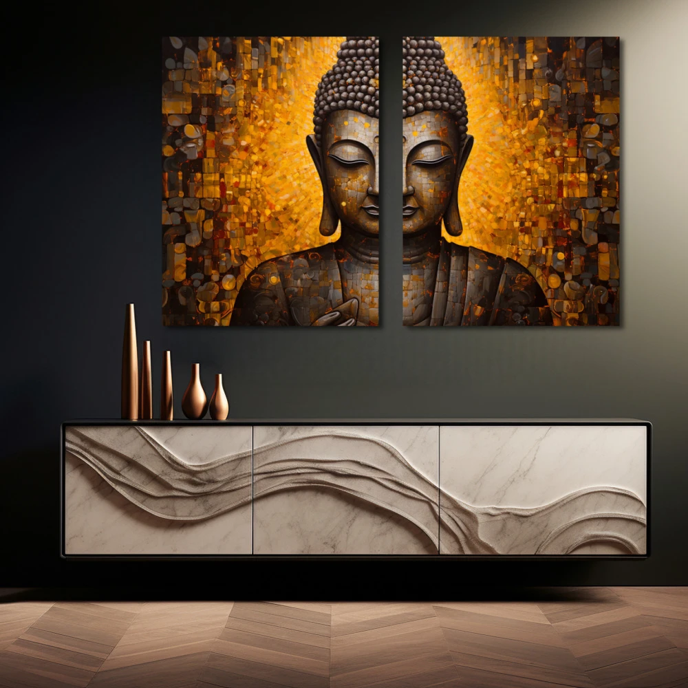 Wall Art titled: Inner Transcendence in a Horizontal format with: and Golden Colors; Decoration the Sideboard wall