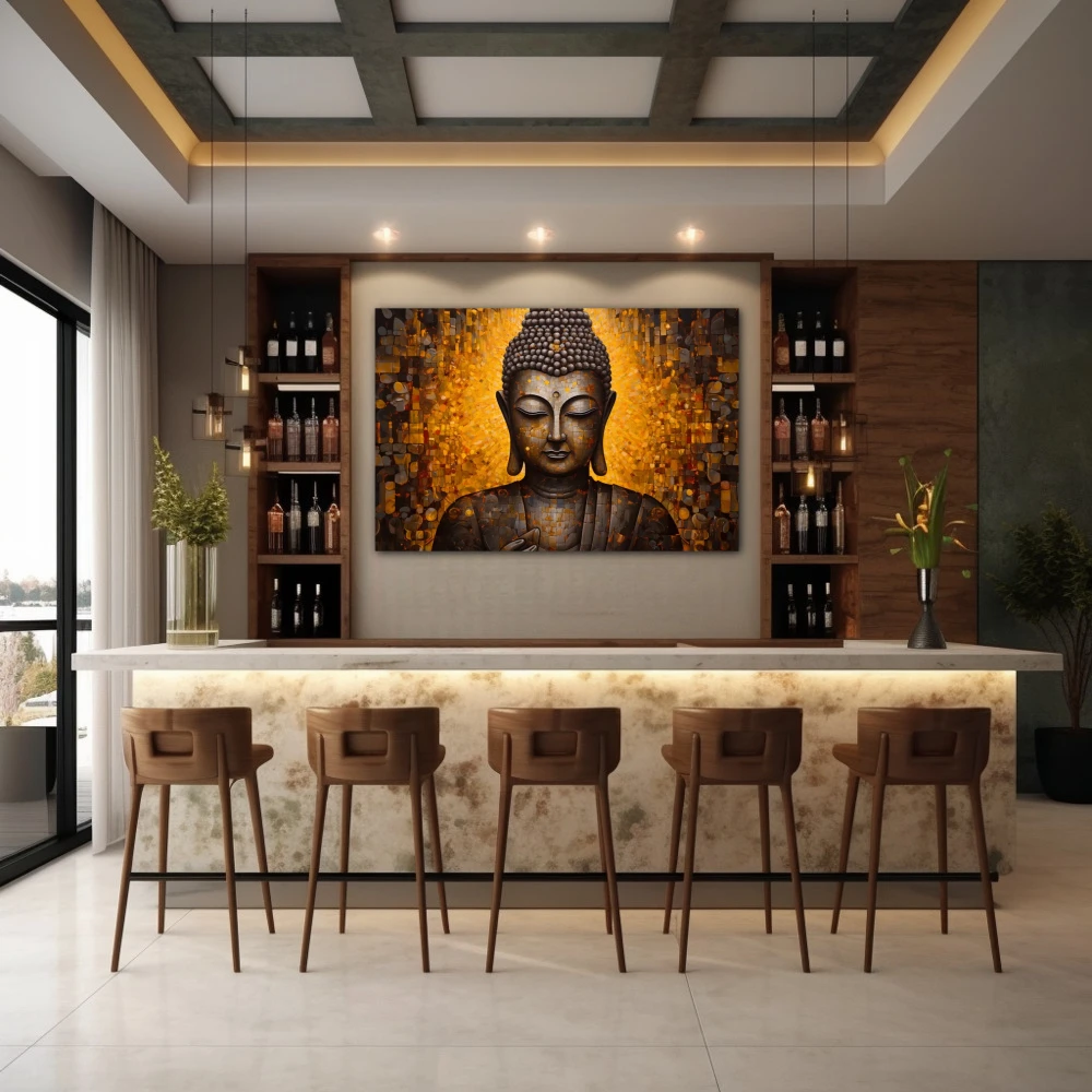 Wall Art titled: Inner Transcendence in a Horizontal format with: and Golden Colors; Decoration the Bar wall