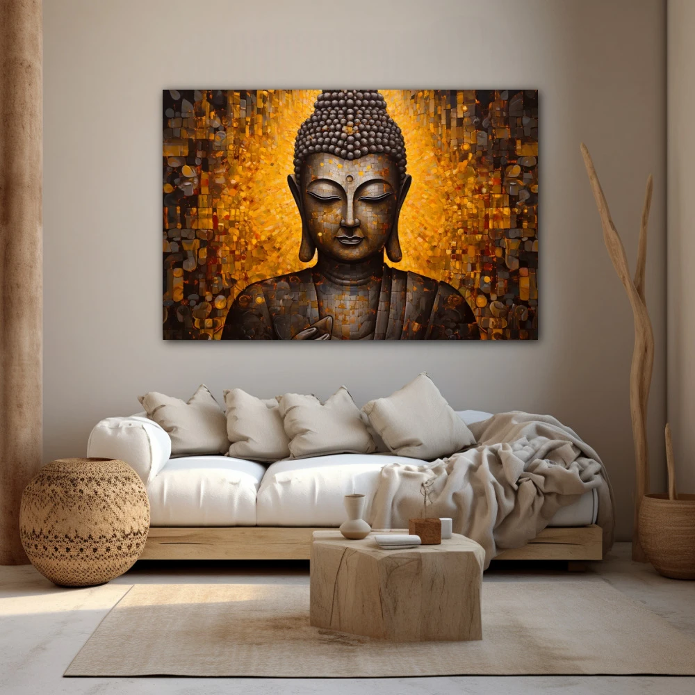 Wall Art titled: Inner Transcendence in a Horizontal format with: and Golden Colors; Decoration the Beige Wall wall