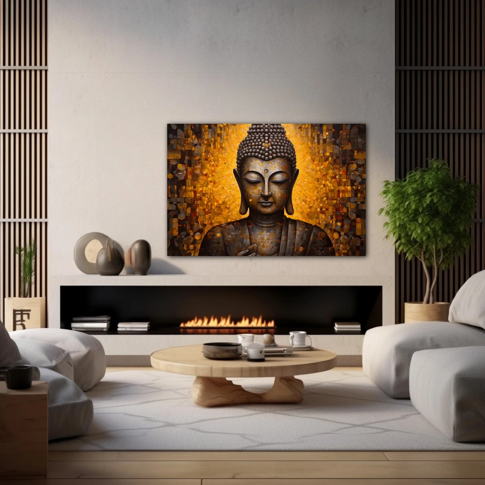 Wall Art titled: Inner Transcendence in a Horizontal format with: and Golden Colors; Decoration the Fireplace wall