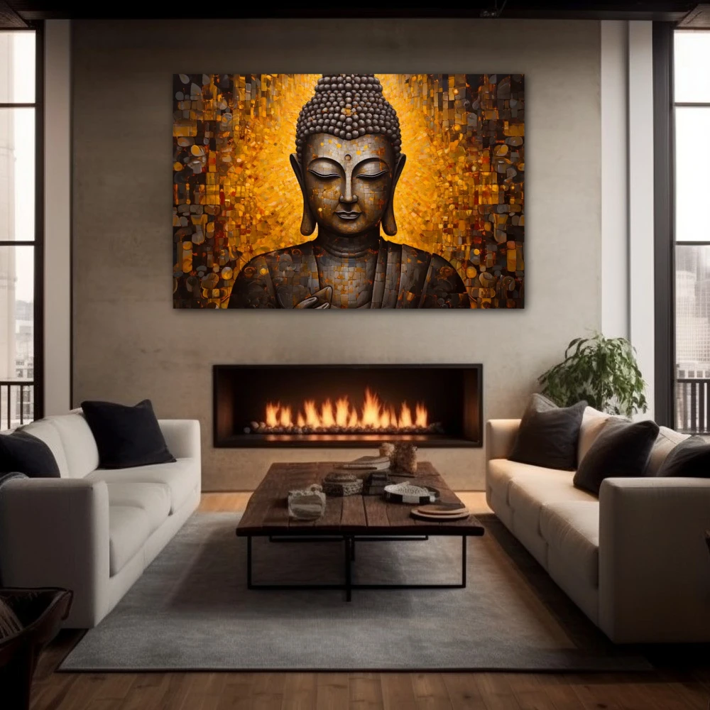 Wall Art titled: Inner Transcendence in a Horizontal format with: and Golden Colors; Decoration the Fireplace wall