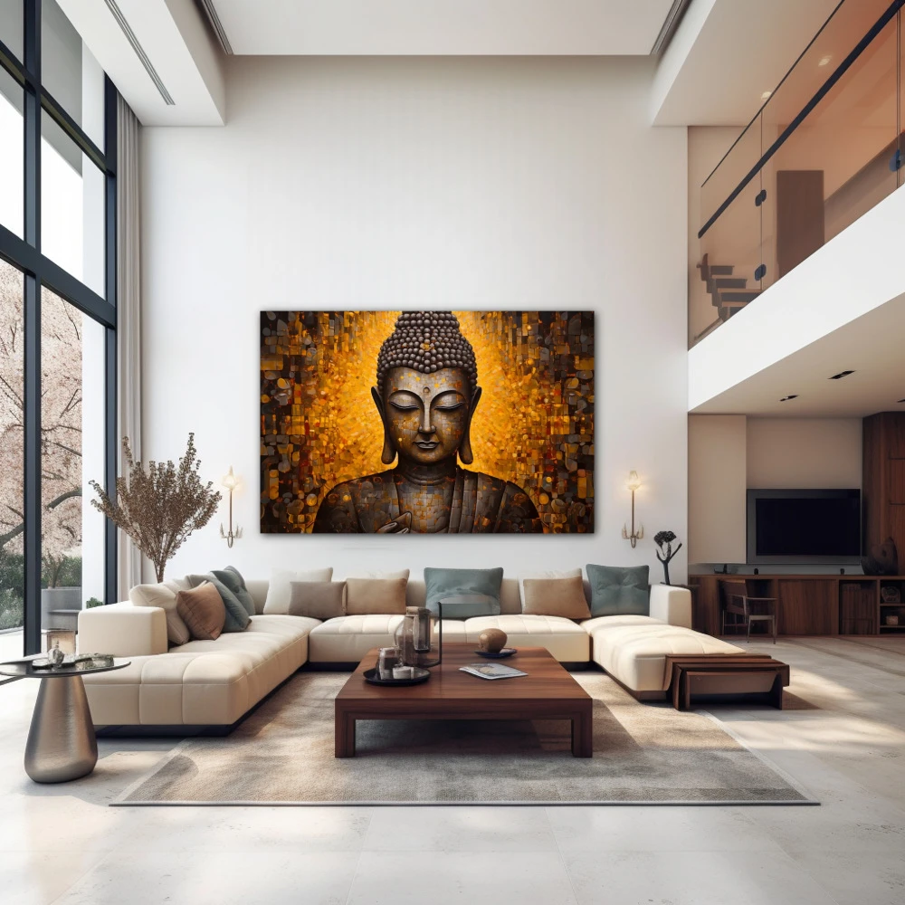 Wall Art titled: Inner Transcendence in a Horizontal format with: and Golden Colors; Decoration the Above Couch wall