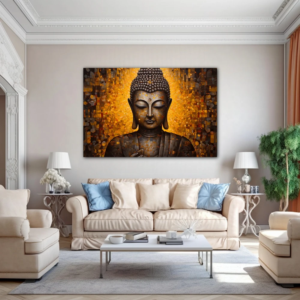 Wall Art titled: Inner Transcendence in a Horizontal format with: and Golden Colors; Decoration the Above Couch wall