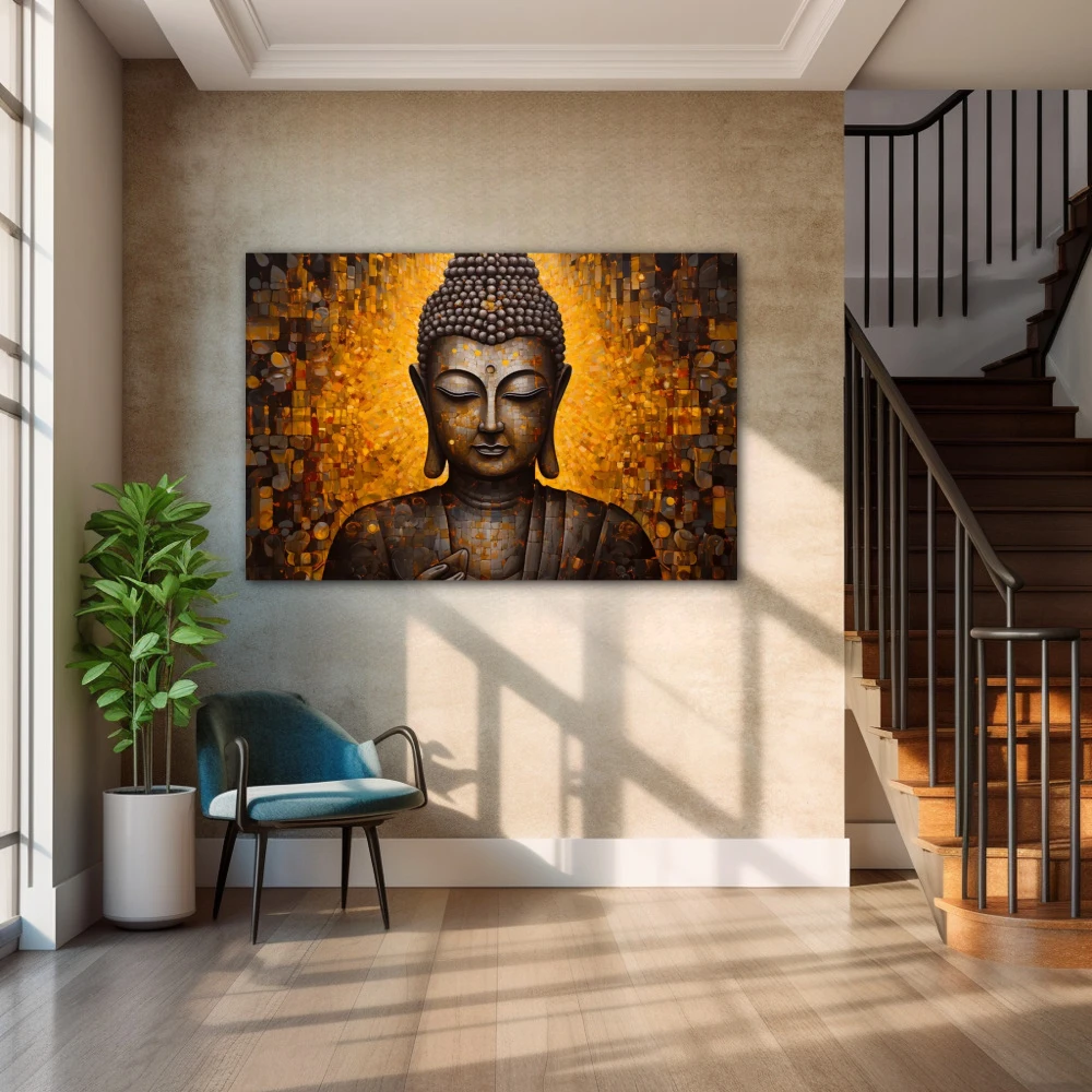 Wall Art titled: Inner Transcendence in a Horizontal format with: and Golden Colors; Decoration the Staircase wall