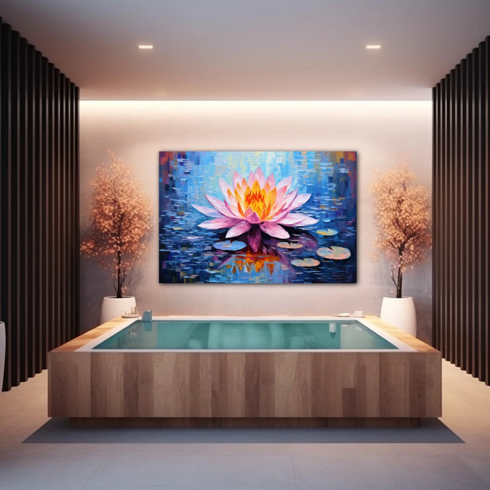 Cuadro susurro Ígneo en formato horizontal con colores azul, rosa; decorando pared de spa