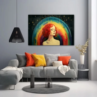 Cuadro horizonte de identidad en formato horizontal con colores amarillo, azul, rojo; decorando pared gris