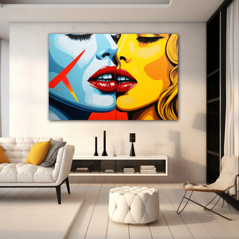 Cuadro siluetas del deseo en formato horizontal con colores amarillo, celeste, rojo; decorando pared blanca