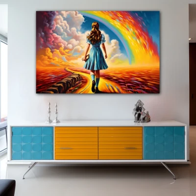 Wall Art titled: Hope Beyond in a Horizontal format with: Blue, Orange, and Vivid Colors; Decoration the Sideboard wall