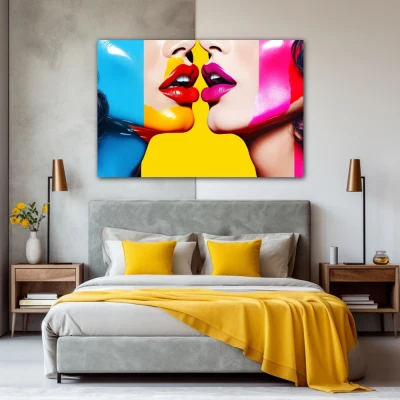 Wall Art titled: Lips of Freedom in a  format with: Blue, Mustard, Red, Pink, and Vivid Colors; Decoration the Bedroom wall