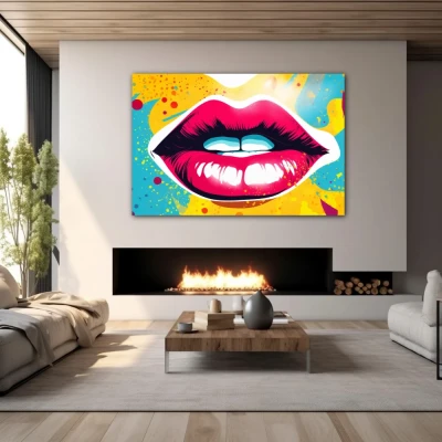 Wall Art titled: Crimson Whim in a  format with: Sky blue, Mustard, Pink, and Vivid Colors; Decoration the Fireplace wall