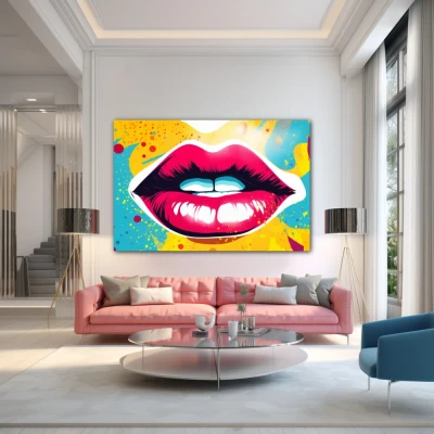 Wall Art titled: Crimson Whim in a Horizontal format with: Sky blue, Mustard, Pink, and Vivid Colors; Decoration the Above Couch wall