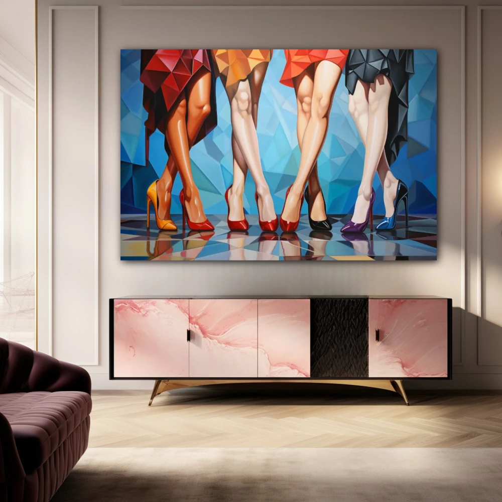 Wall Art titled: The Crossing of Desire in a Horizontal format with: Blue, Orange, and Red Colors; Decoration the Sideboard wall