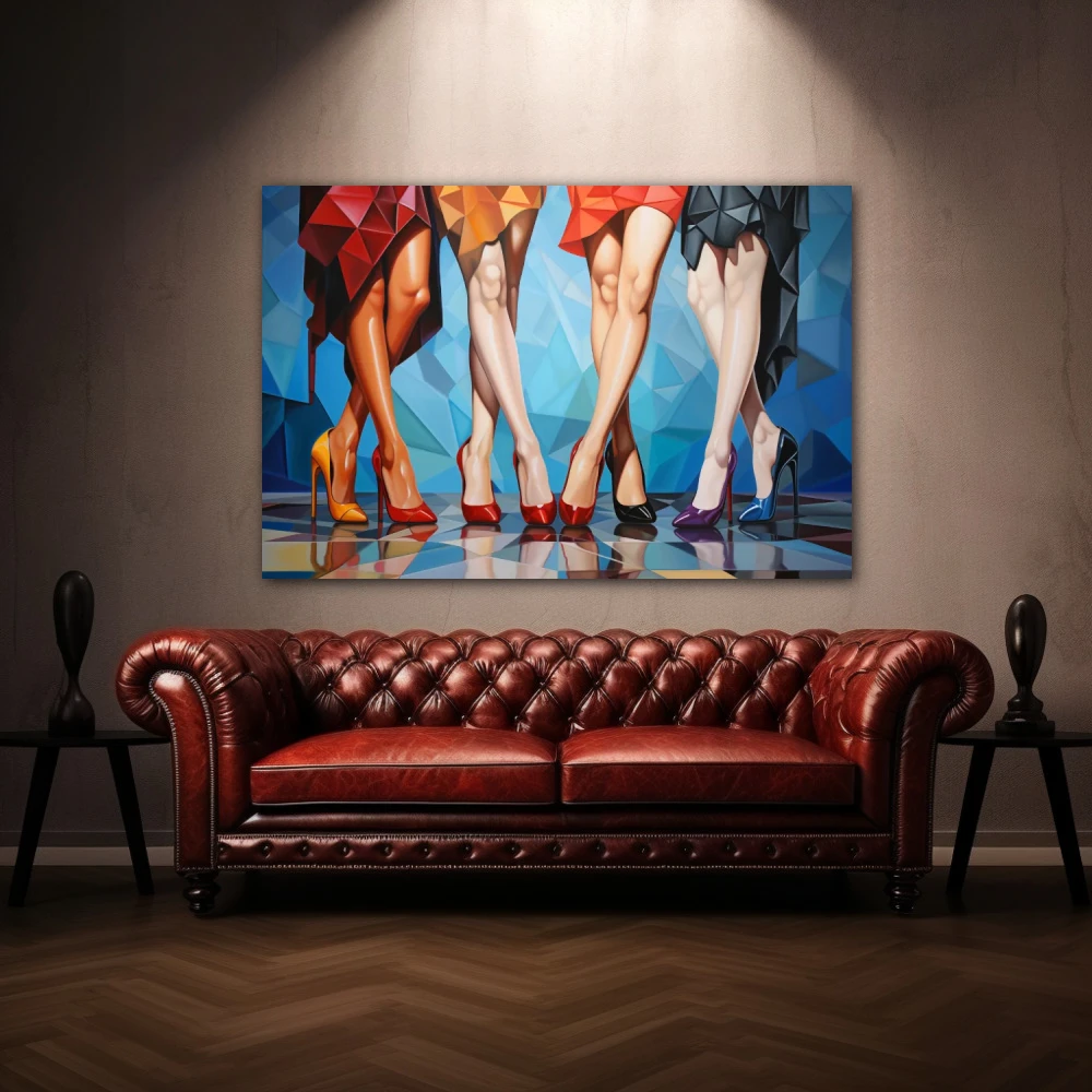 Wall Art titled: The Crossing of Desire in a Horizontal format with: Blue, Orange, and Red Colors; Decoration the Above Couch wall