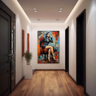 Wall Art titled: Crystallized Elegance in a Vertical format with: Sky blue, Grey, Orange, and Black Colors; Decoration the Hallway wall