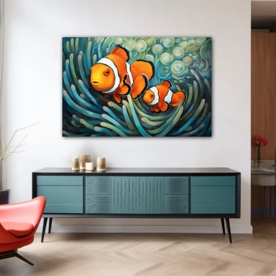 Wall Art titled: Whispers of the Ocean in a Horizontal format with: Sky blue, Orange, and Green Colors; Decoration the Sideboard wall