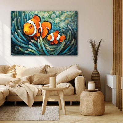 Wall Art titled: Whispers of the Ocean in a Horizontal format with: Sky blue, Orange, and Green Colors; Decoration the Beige Wall wall