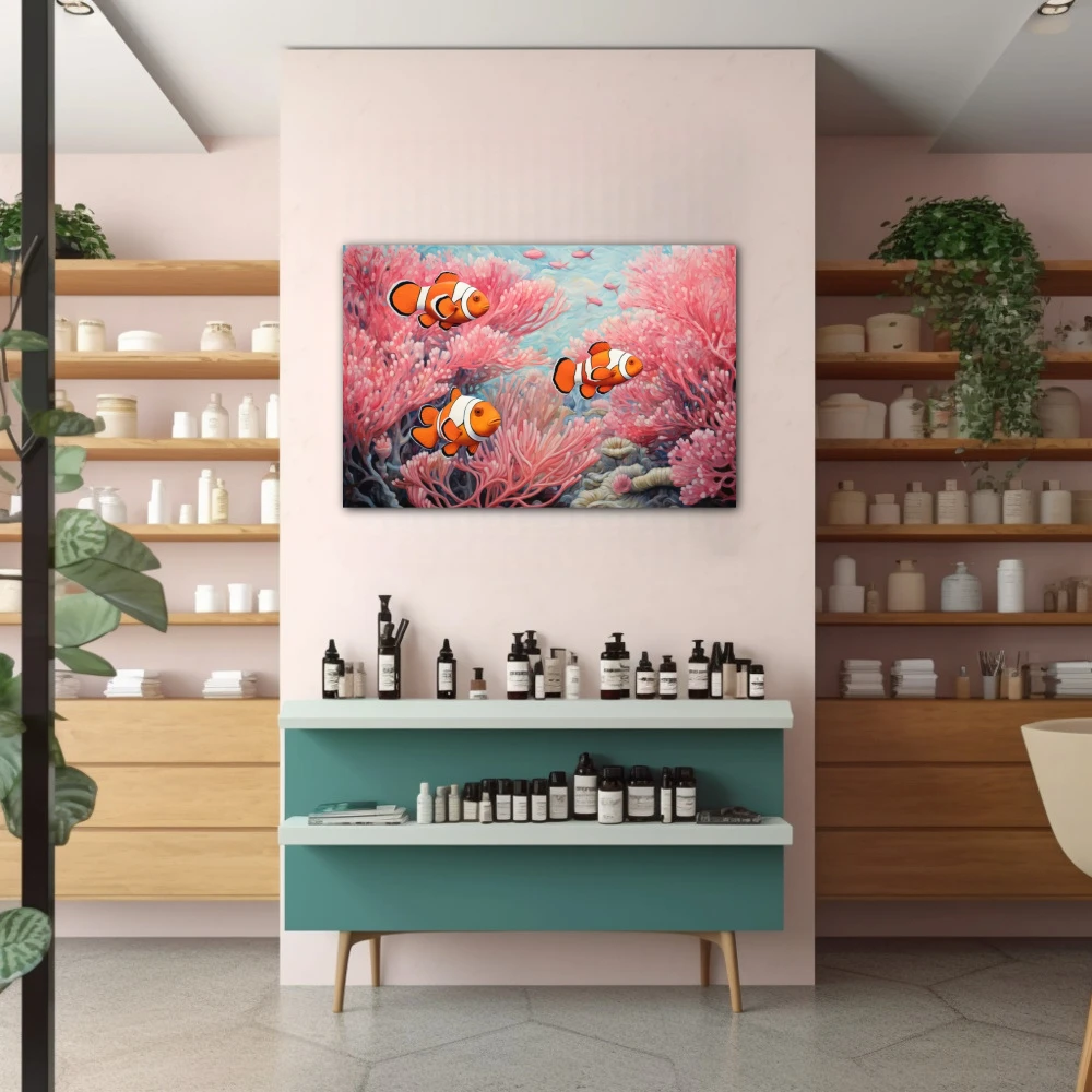 Cuadro navegantes de almohadas rosas en formato horizontal con colores celeste, naranja, rosa; decorando pared de farmacia