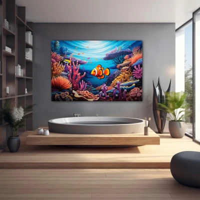 Cuadro arrecife de vida en formato horizontal con colores azul, celeste, naranja; decorando pared de spa