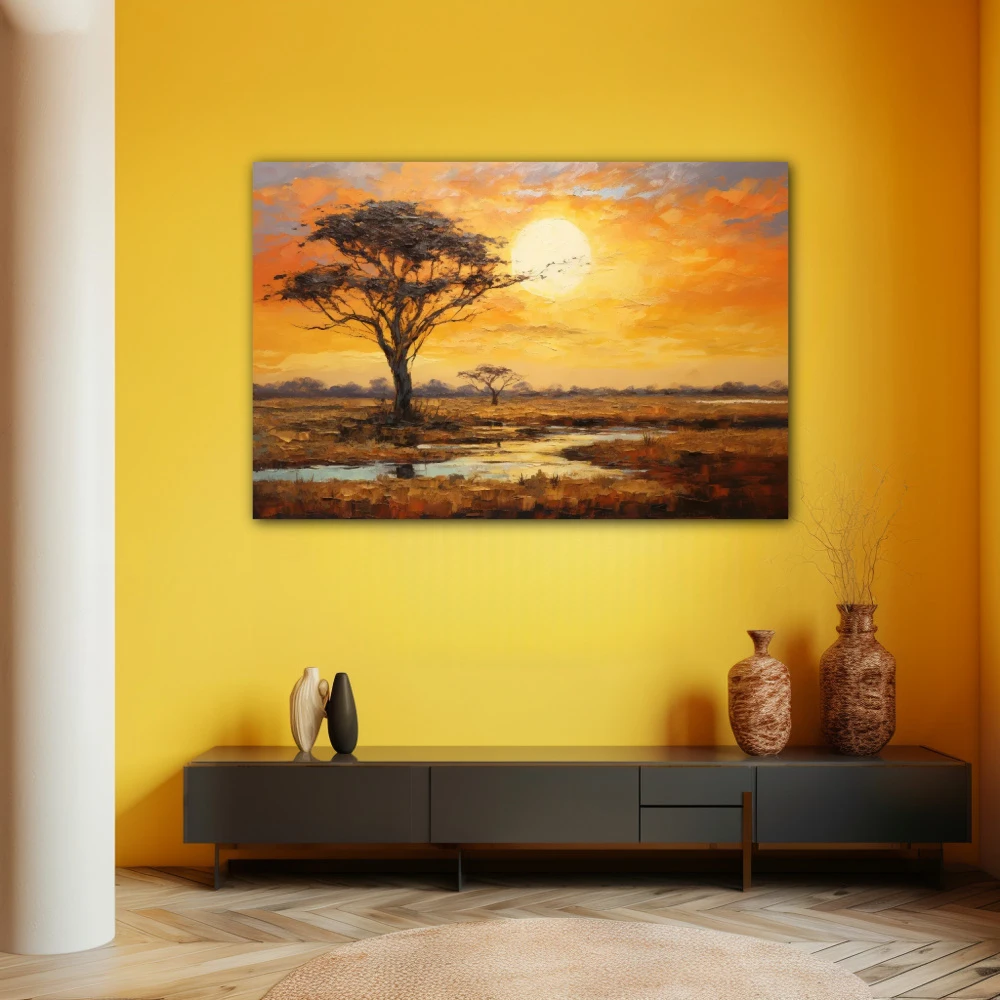 Wall Art titled: Sunset in the Savannah in a Horizontal format with: Yellow, Brown, and Orange Colors; Decoration the Yellow Walls wall