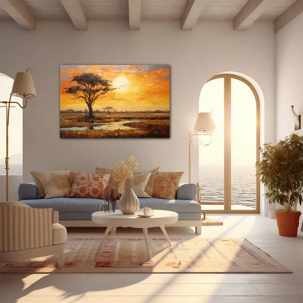 Wall Art titled: Sunset in the Savannah in a Horizontal format with: Yellow, Brown, and Orange Colors; Decoration the  wall