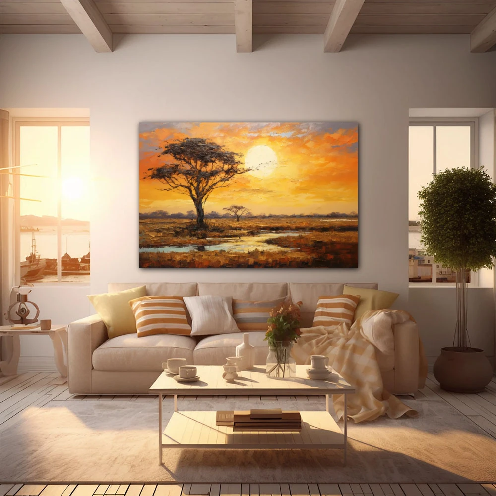 Wall Art titled: Sunset in the Savannah in a Horizontal format with: Yellow, Brown, and Orange Colors; Decoration the  wall