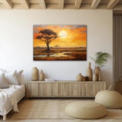 Wall Art titled: Sunset in the Savannah in a  format with: Yellow, Brown, and Orange Colors; Decoration the Beige Wall wall