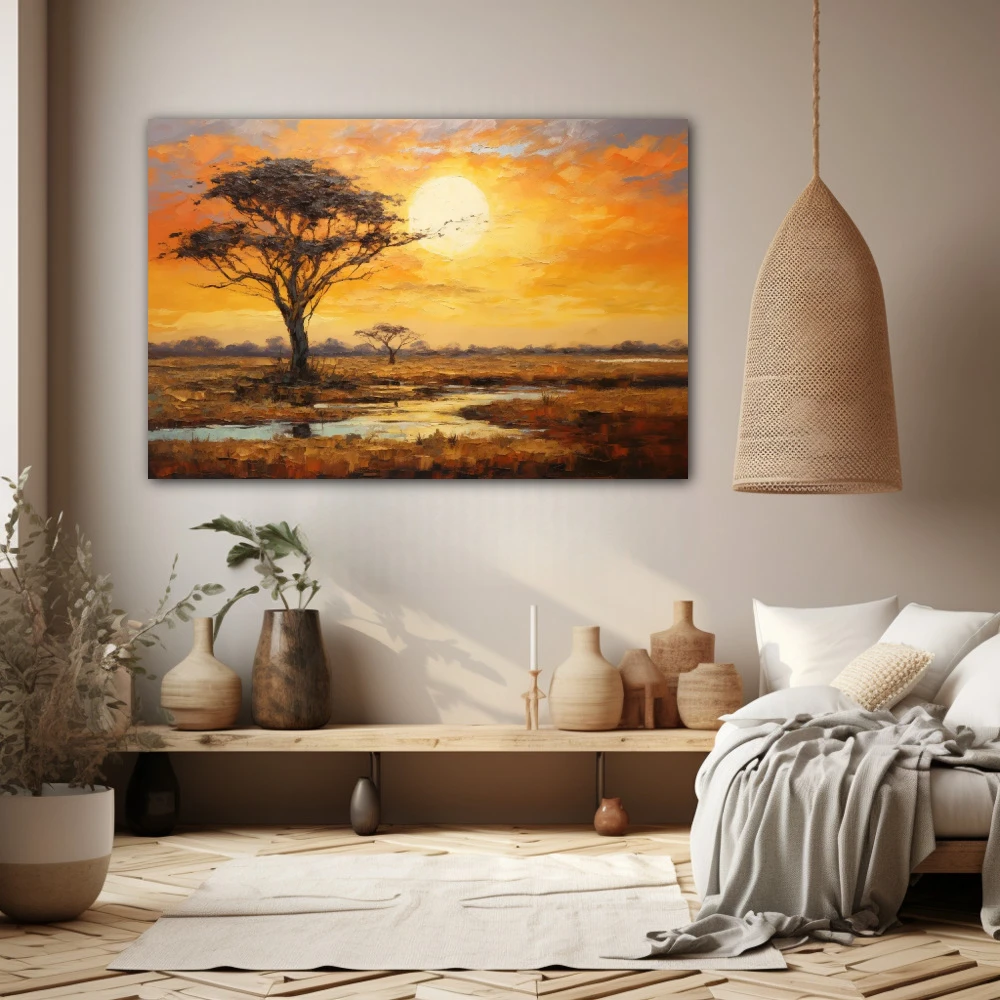 Wall Art titled: Sunset in the Savannah in a Horizontal format with: Yellow, Brown, and Orange Colors; Decoration the Beige Wall wall