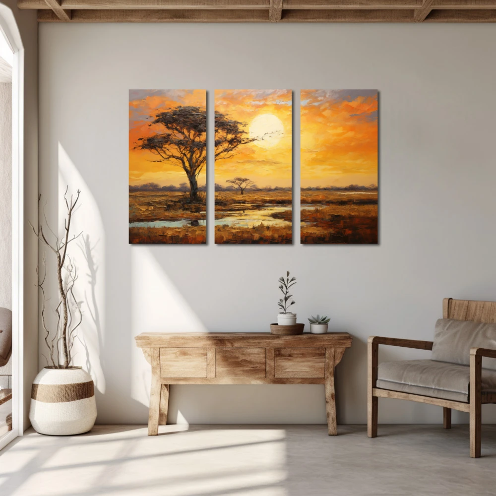 Wall Art titled: Sunset in the Savannah in a Horizontal format with: Yellow, Brown, and Orange Colors; Decoration the White Wall wall