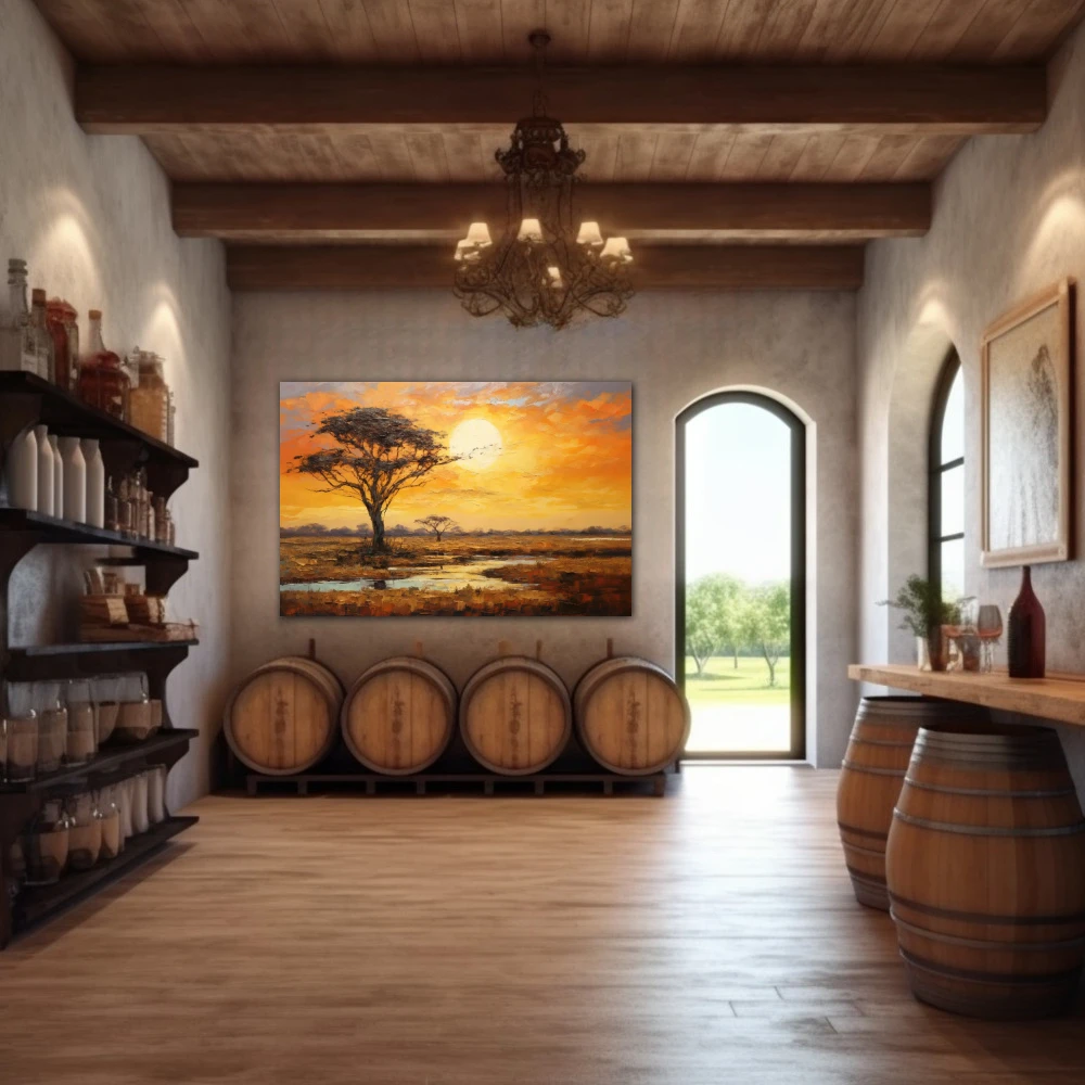 Wall Art titled: Sunset in the Savannah in a Horizontal format with: Yellow, Brown, and Orange Colors; Decoration the Winery wall